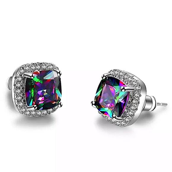 Mystic Fire Topaz Stud Earrings, Square, Princess Cut - Picture 9 of 10